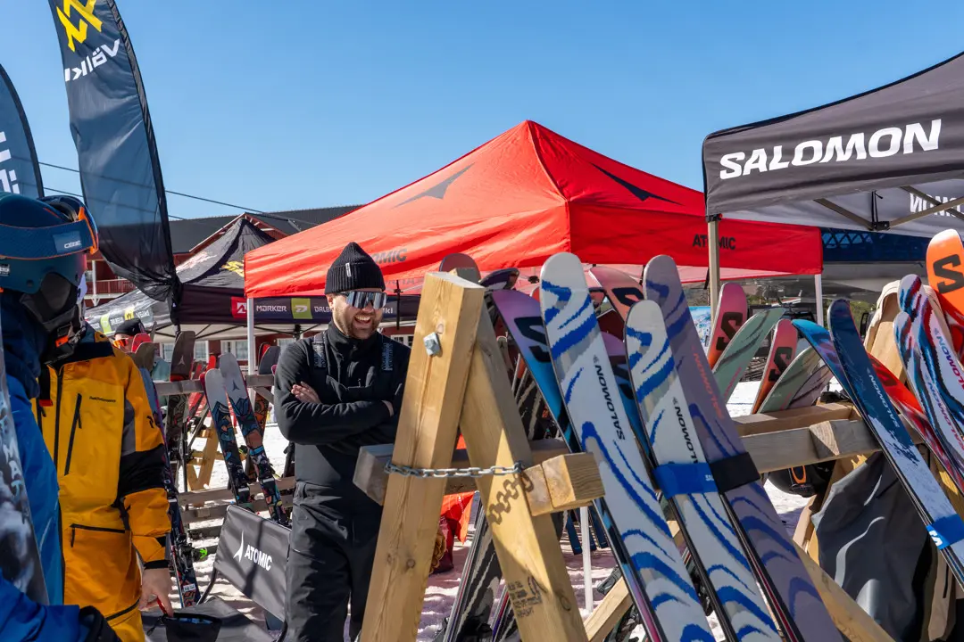 A ski rack filled with skis that Salomon is exhibiting at this year's major ski test at Kläppen