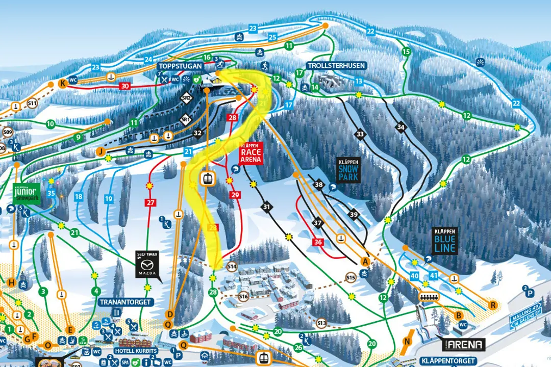 The Kläppen slope map, where the yellow-marked section shows which slopes are closed during the competition.