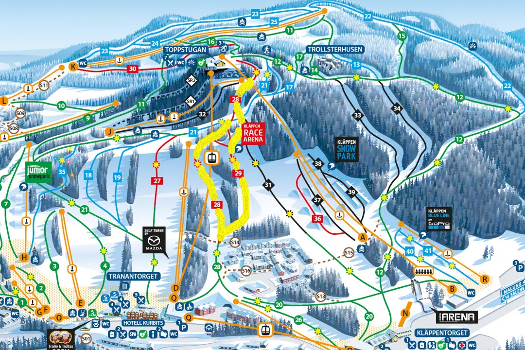 Kläppen's slope map with the yellow-marked section showing which slopes are closed during the competition