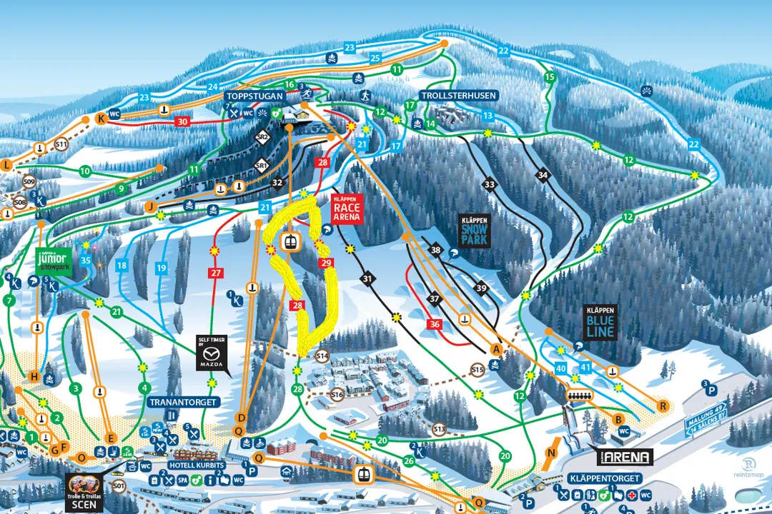 Kläppen's piste map, where the yellow-marked section shows which slopes are closed during the competition