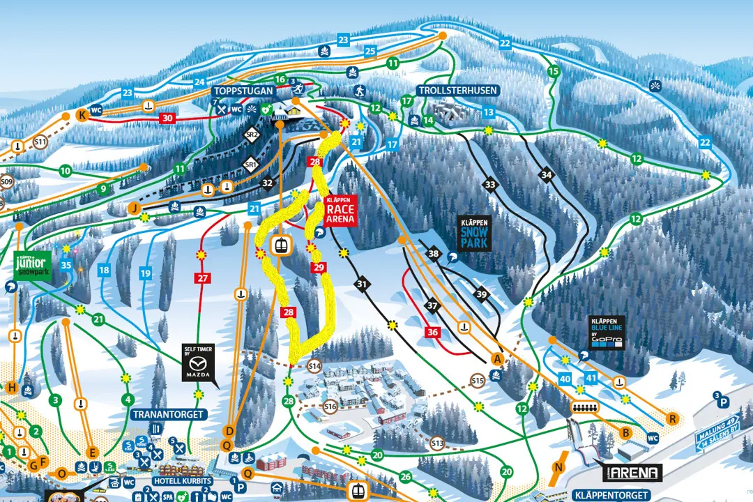 Kläppens pistkarta där den gulmarkerade sträckan visar vilka backar som är avstängda under tävlingen