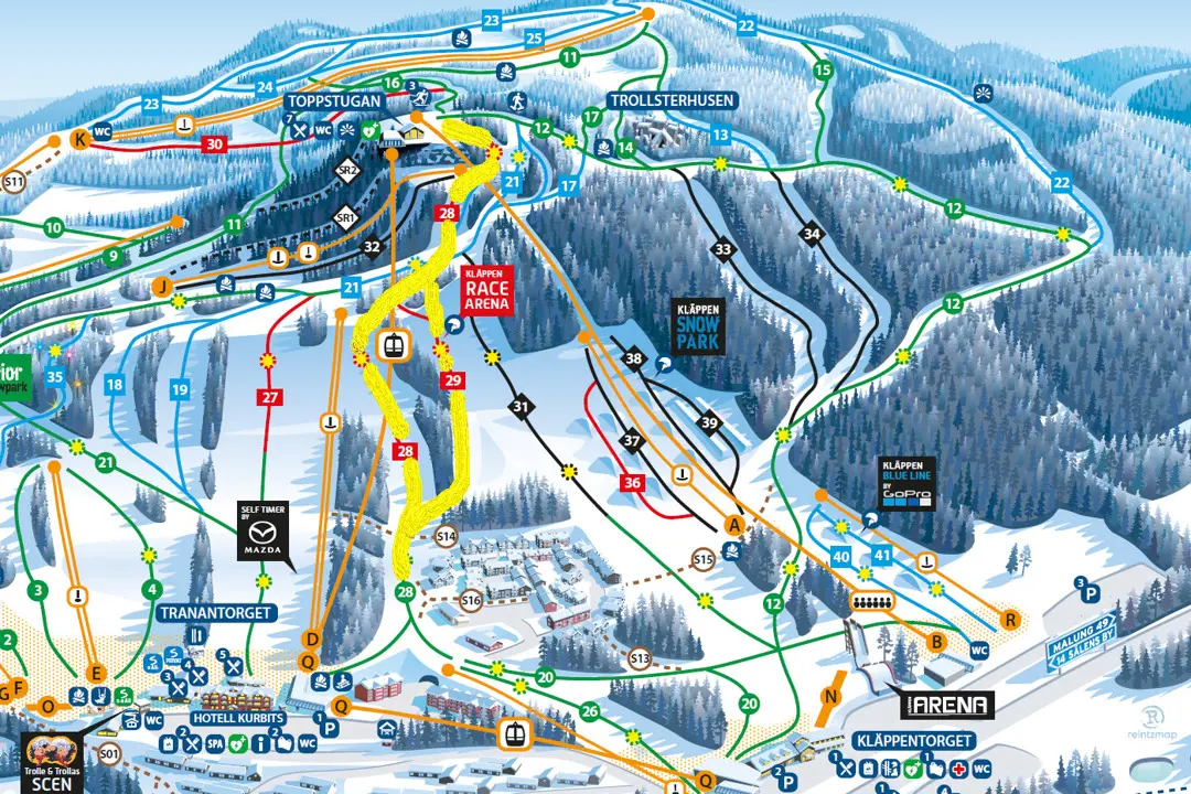 Kläppen's slope map where the yellow-marked section shows which slopes are closed during the competition.
