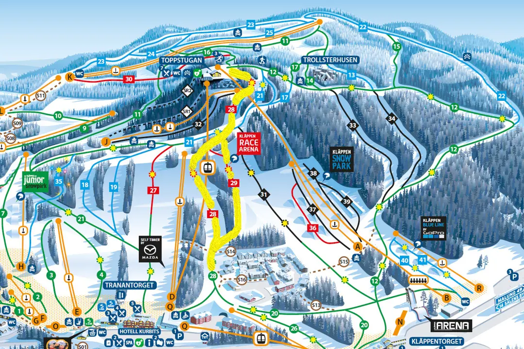 Kläppens pistkarta där den gulmarkerade sträckan visar vilka backar som är avstängda under tävlingen