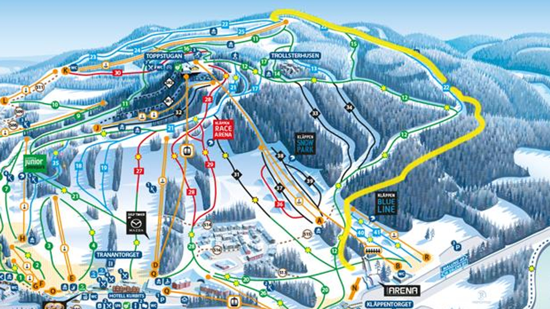 Kläppen's slope map with the yellow-marked path indicating where the Randoneé trail goes