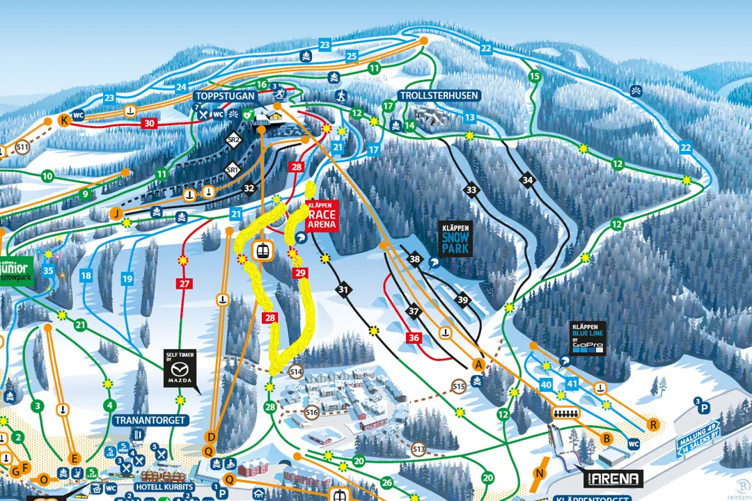 Kläppens pistkarta där den gulmarkerade sträckan visar vilka backar som är avstängda under tävlingen